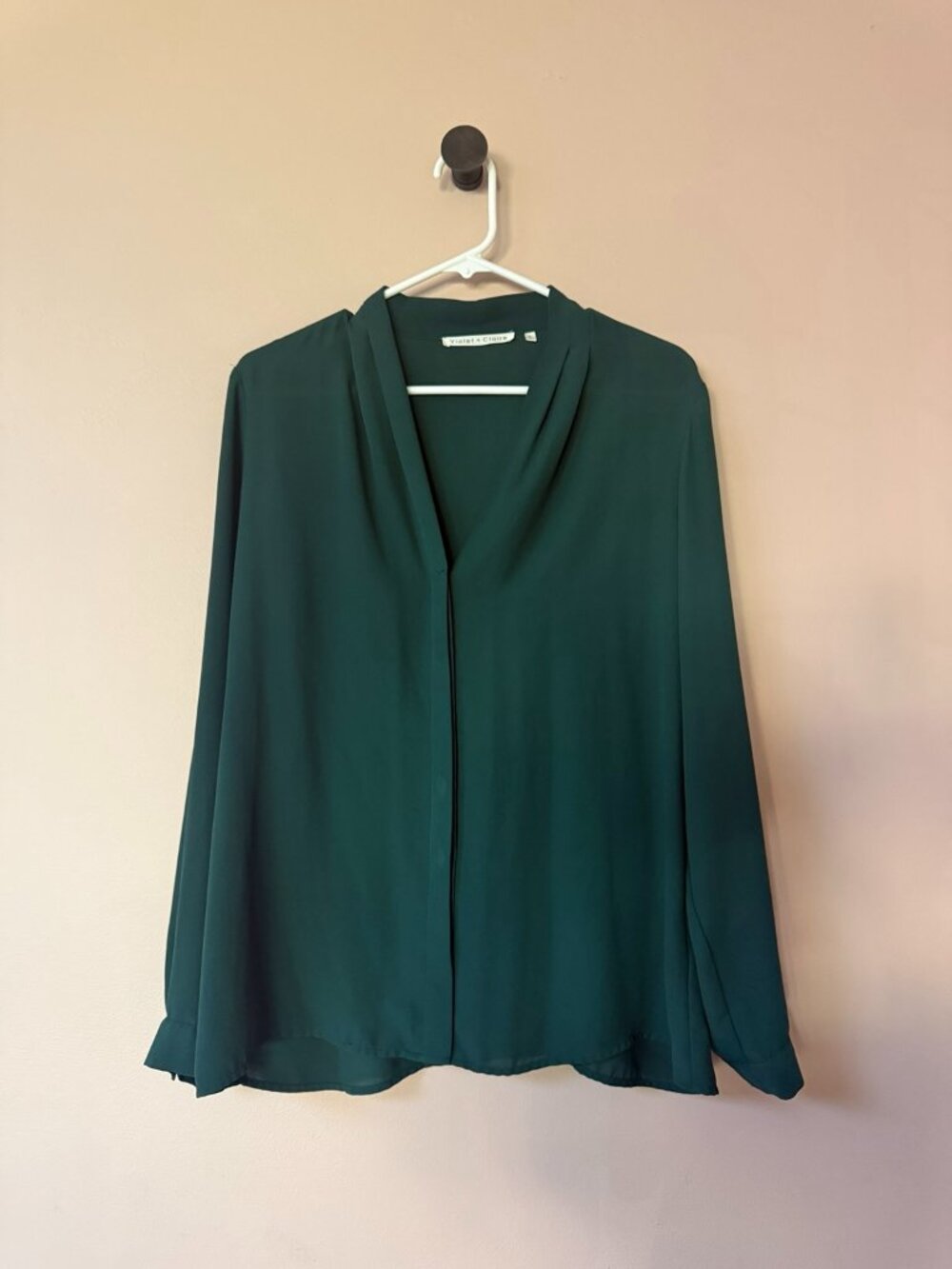 Violet + Claire Deep Green Draped V Neck Blouse L Long Sleeve Hidden Button